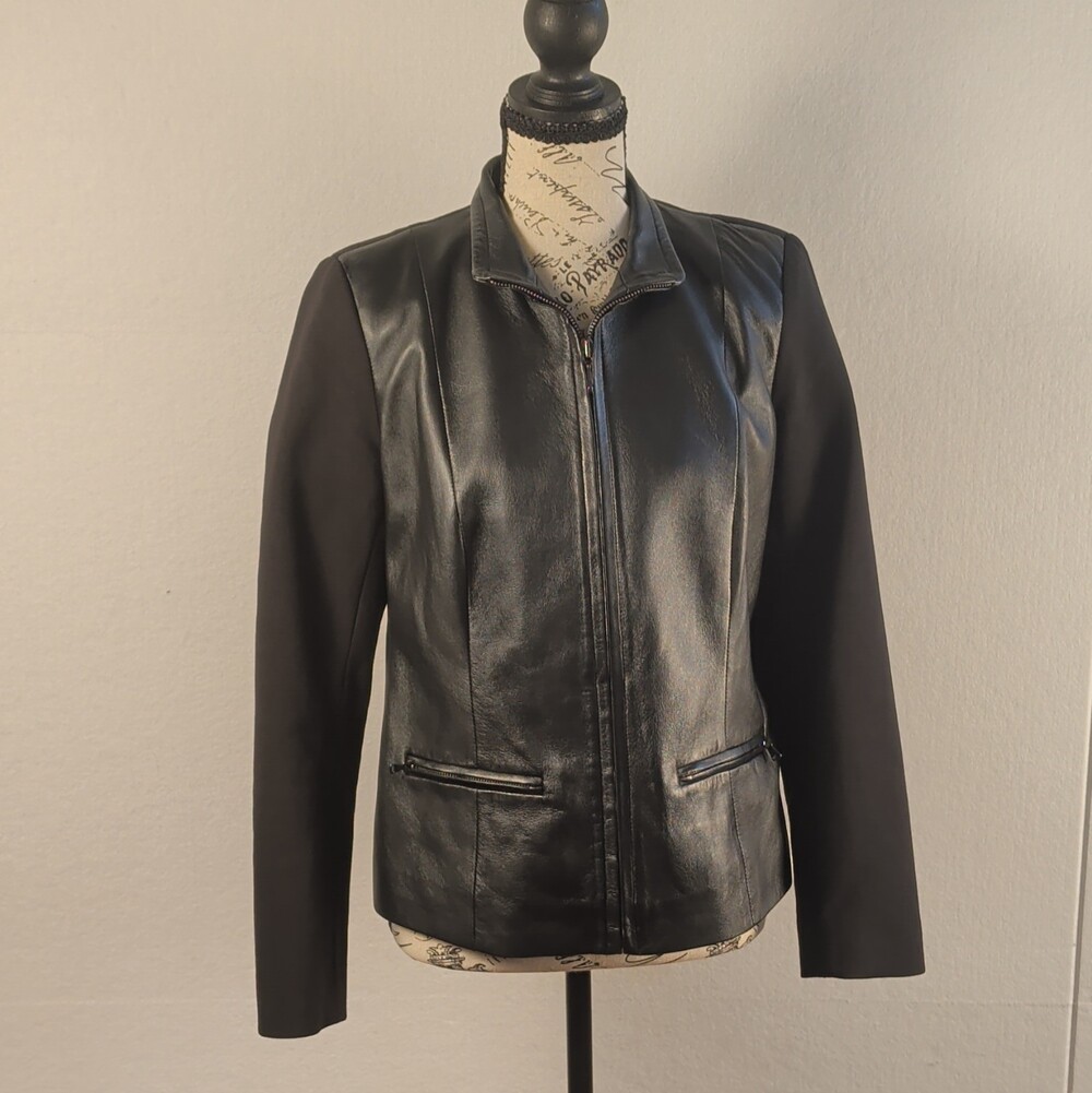 Talbots Petites Womens Black Leather Zip Front Jacket Collared Pockets 8P